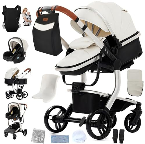 Cochecito 3 en 1, de 0 a 4 años, plegable, compacto y reclinable, con asiento de coche convertible, accesorios: incluye bolso de mamá y portabebés (Blanco)
