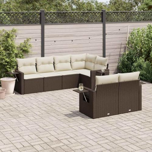 Qnhdfrt Set di 7 divani da giardino, in rattan sintetico, marrone, con cuscino, spazio di archiviazione e tavolo pieghevole, resistente alle intemperie, per terrazza, balcone, giardino