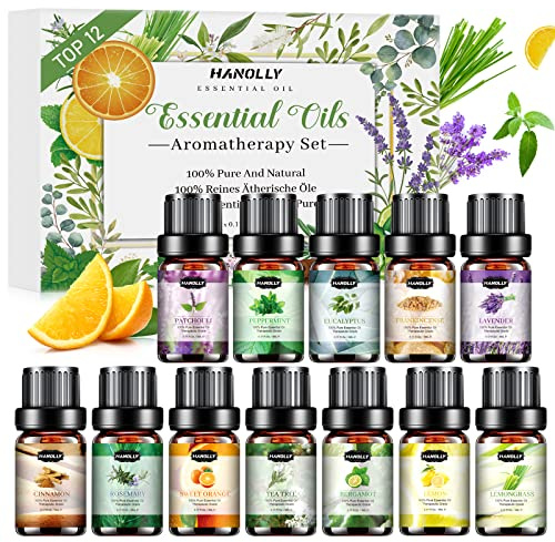 HANOLLY Oli Essenziali per Diffusori 12x5ml, Olio Essenziale Naturali per Aromaterapia Massaggio Candele Fai da Te, Lavanda, menta, eucalipto, arancia dolce, tea tree, limone, cannella, ecc.