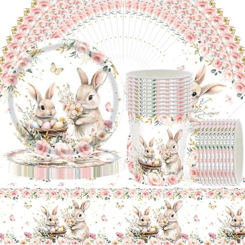 Servizio pasquale 61 pezzi, decorazione pasquale composto da bicchieri di cartone, piatti di carta, tovaglioli e tovaglia, per 20 ospiti
