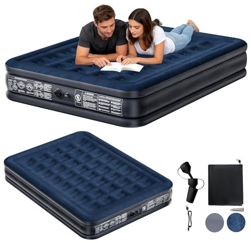 UISEBRT Materasso gonfiabile con pompa elettrica rimovibile e tasca, doppio materasso ad aria, autogonfiabile, 203 x 152 x 38 cm, letto per ospiti fino a 300 kg, per viaggi, campeggio, camera degli