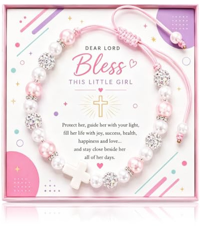 RUQVKWLA Christening Gifts for Girls, Adjustable Pearl Cross Bracelet With Card And Pink Gift Box, Meaningful Baptism Gifts for Girls Daughter Niece Granddaughter, Holy Communion Birthday Keepsake