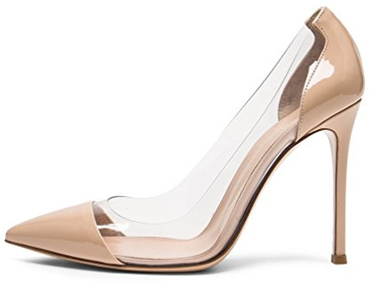 EDEFS Womens Pointed Toe High Heel Court Shoes Slip-on Stiletto Pumps Transparent Dress Shoes Beige EU38