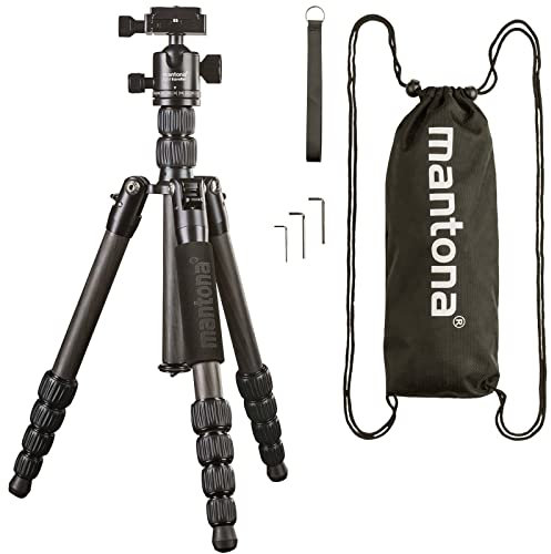 mantona Reisestativ Light Traveller, ultraleichtes Carbon I kompaktes Kamera-Stativ, Kugelkopf + Wechselplatte (Arca Swiss kompatibel), 360° Panorama I Fotostativ als Tripod & Monopod, schwarz