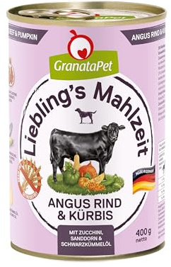 GranataPet Hundmat, älsklingens måltid Angus-nötkött och pumpa, våtfoder för hundar, utan spannmål och sockertillsatser, helfoder, 6 x 400 g
