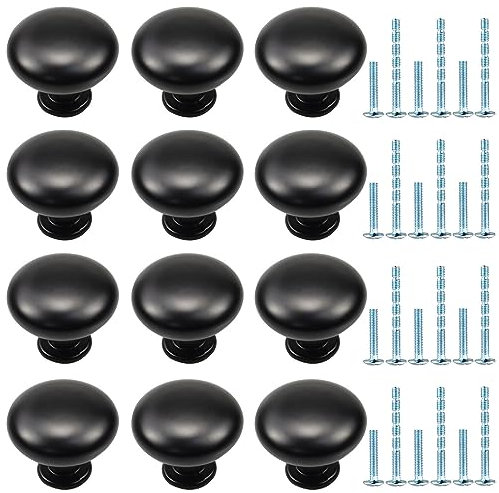 atopo 12 Pcs Negro Pomos y Tiradores, Tiradores Muebles con 2 Tornillos de Tamaño, Tiradores para Cajones Redondos, Manijas de Puertas para Dormitorio, Cocina, Baño (30mm)
