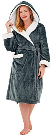 Winthome Ladies Dressing Gown,Super Soft Fluffy Bathrobe with Hood,Winter Cozy Fleece Bath Robe for Women Men Dressing Gown with Pocket(Gery XL)