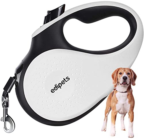 Edipets, Utdragbart hundkoppel, 5 meter, 360 ° trasselfritt, nylonband för träning och promenader, för stor medium och liten hund (vit, < 50 kg)