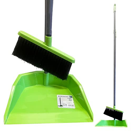 Long Handled Dustpan and Brush Set, Indoor Broom and Dustpan Set with Soft Sweeping Brush and Upright Dust Pan, Tall Dustpan and Brush Set House Cleaning Kit for Kitchen and Lobby (Green)