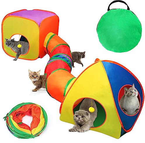 Mfsdai 3 in 1 Katzentunnel Outdoor,Interaktive Katze Spieltunnel katzenlaufrad Faltbare Pop Up Katzenspielzeug Katzenzelt Rascheltunnel für Innen Katze Kaninchen(Bunt)