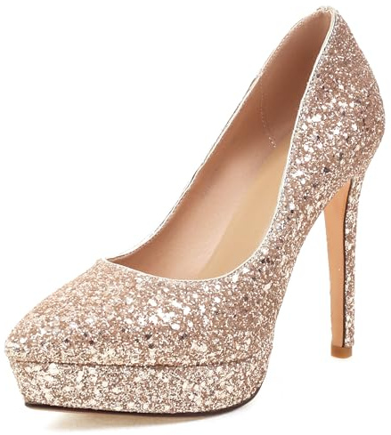 Lroey Reoly Zapatos de Salón de Mujer, Bombas de Tacón Alto Puntiagudo Sin Cordones Vestido Pumps con Plataforma Lentejuelas Elegante Zapatos de Noche Lmaucn Oro Talla 40 EU
