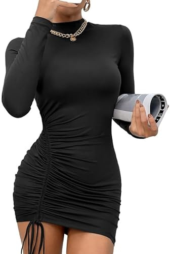 Rongseng Robe Moulante à Manches Longues Sexy Chic Pour Femmes - Mini Cordon De Serrage Plissée Courte Décontractée - Mode Élégante Pour Soirée Cocktail Party Automne Hiver