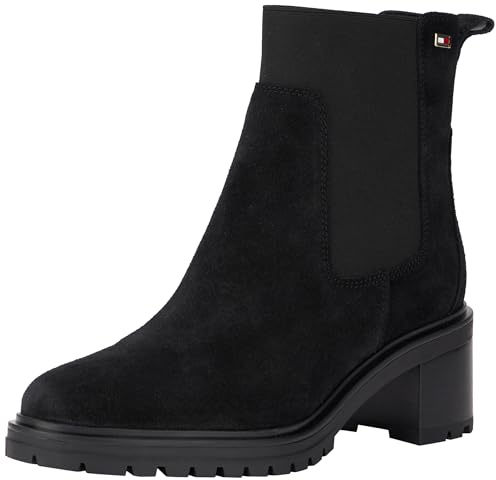Tommy Hilfiger Donna Stivaletti Chelsea Flag Mid Heel Suede in Pelle Scamosciata, Nero (Black), 36