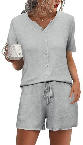 Demegimi Women's Pyjama Set Summer Short Sleeve Button Down Nightwear - Soft V-Neck Sleepwear Loungewear Set with Drawstring Shorts