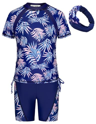 GRACE KARIN Girls Rash Guard Swimsuit Short Sleeve 2Piece Bathing Suit Summer Beach Swimwear Sum Protection Quick Dry Navy Blue 10-12Y