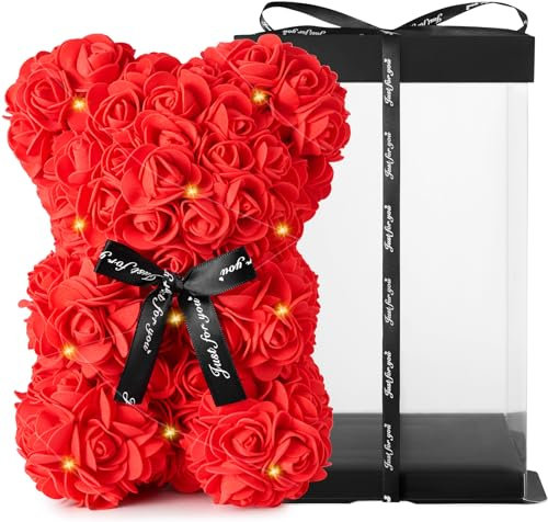 Mother's Day Flower Gifts Rose Bear with Transparent Gift Box & Black Ribbon Rose Petals Teddy Bear Presents for Women, Artificial Flowers Rose Bear for Her, for Girlfriend Valentines Gifts