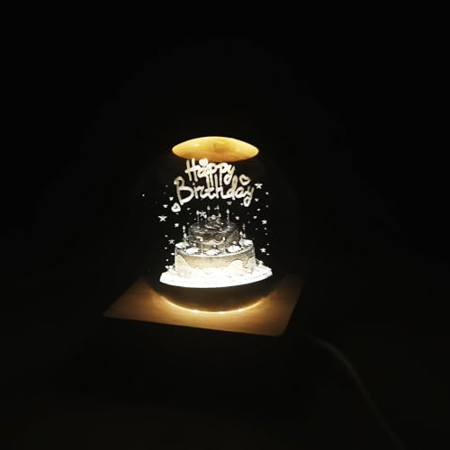 ZVO Lampada da notte a sfera di cristallo 3D, lampada LED a forma di torta di compleanno da 6 cm con base in legno, regalo di compleanno per donne, uomini, bambini, ragazzi, ragazze