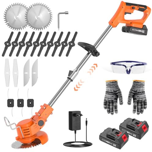 Débroussailleuse Électrique sans Fil, Débroussailleuse avec 5 Lames, Débroussailleuse Batterie 21V 2×2000mAh, Coupe-Herbe Télescopique Réglable pour Jardin, Pelouse, Buissons
