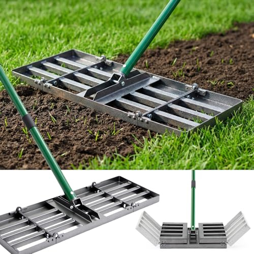 Rastrillo nivelador de césped de 76 x 25 cm, nivelador de césped resistente con mango ajustable de 85-195 cm, laúd plegable para nivelar el suelo, arena, grava, diseño ergonómico para césped, campos