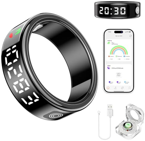 Smart Ring Health Tracker för kvinnor och män – IP68 vattentäta fitnessringar med LED-skärm, hjärtfrekvens/blodsyre/sömnövervakning/rörelsespårning, ingen prenumerationsavgift