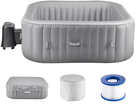 VEVOR Bañera Hinchable para 4 a 6 Personas (185 x 66 cm), Cuadrada y portátil, con 130 boquillas y filtros, Cubierta y Alfombrilla y Panel de Control Multifuncional, Piscina de SPA de PVC al Aire