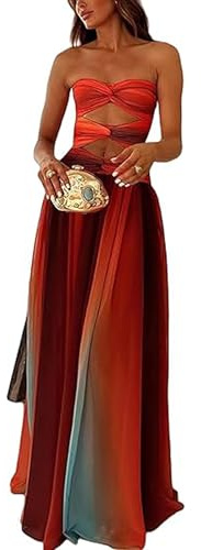 SANSIWU Trägerloses Maxikleid mit Blumenmuster, Y2K, schulterfrei, rückenfrei, Bandeau-Kleid, langes Kleid, Vintage, figurbetont, Blume, Urlaub, Sommerkleid, Buntes Orange, S