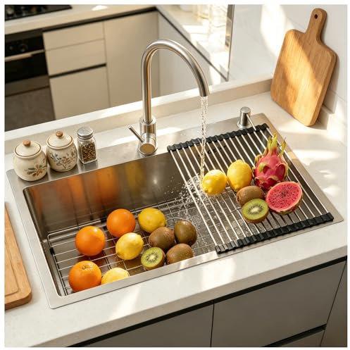 Rostfritt stål Sink,Storformat Single Sink med avloppningskorg,för kök och bar, Toppskåp/undermontering, Robust köksdisk, diskmaskin Sink(SilverB,85x50cm)