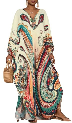 Bsubseach Kaftan Dresses for Women Ethnic Print Plus Size Beach Cover Ups Batwing Sleeve Caftans with Pockets Beige