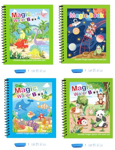 4 Pieces Magic Water Colouring Books Reusable Water Painting Books for Children with 4 Pieces Water Pen