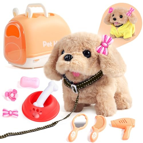 Rtomry Jouet Chien Interactif - Jouet Enfant 2 3 Ans, Peluche Chien Robot Qui Marche et Aboie avec Mallette de Transport, 10+ Accessoires et Laisse, Idée Cadeau Enfant 2 3 4 Ans Fille Garçon
