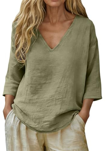 Chemise Femme Coton et Lin Été Manche Longue Chemisiers et Blouses Chic et Élégante Grande Taille Chemisier Col en V Decolleté Chemises Couleur Unie Décontractée Hauts Léger Large de Plage Respirant