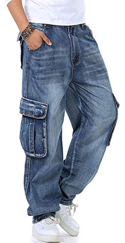 Yeokou Men's Casual Loose Hip Hop Denim Work Pants Jeans with Cargo Pockets(LightBlue-34)