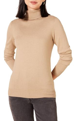 Amazon Essentials Women's Classic-Fit Lightweight Long-Sleeve Turtleneck Sweater, Camel Heather, Medium