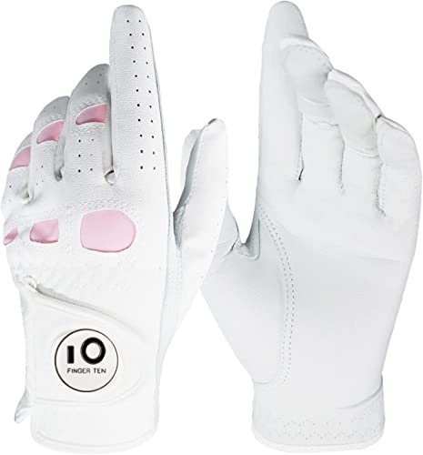 FINGER TEN Gants de golf pour femme main gauche et droite en cuir cabretta avec marqueur de balle, gants de golf pour femme, gants de golf résistants à la pluie, résistants à l'usure par toutes