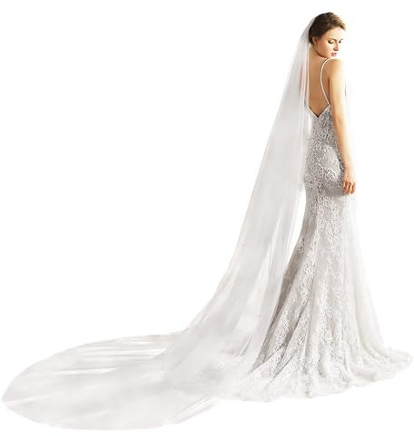 AMBRE ADÈLE Langer Hochzeitsschleier aus Tüll für Bräute, Weiss/opulenter Garten, Extra long