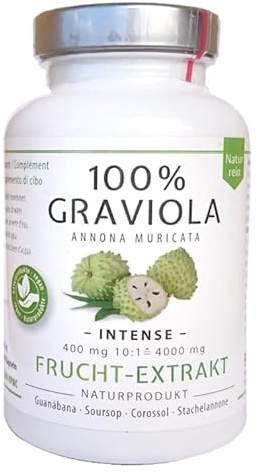100% ESTRATTO DI FRUTTA DI GRAVIOLA 4000 mg/Senza Pesticidi - 10:1 Ad Alta Concentrazione - 180 Capsule da 400 mg, senza Pesticidi, Additivi, Agenti Antiagglomeranti. Direttamente dal Produttore