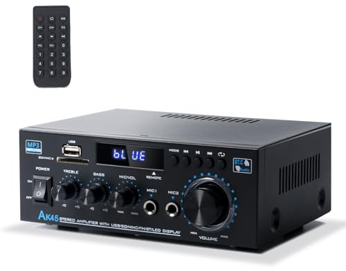 Stereo Receiver & Amplifier Home Audio Amp, AK45 Bluetooth Receiver for Home Stereo, 300Wx2, Bluetooth 5.0, 2 Channel, w/FM & Karaoke, w/USB/SD/RCA/MIC/FM in, w/Remote, for Garage Party Market