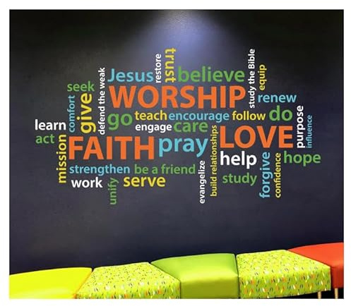 Word Collage for Church or Youth Center - Faith Hope Worship Love Youth Room Church Christian School Wordle Wall Decal Vinyl Decal Colorful Collage Word Cloud - 52 Tall x 95 Wide