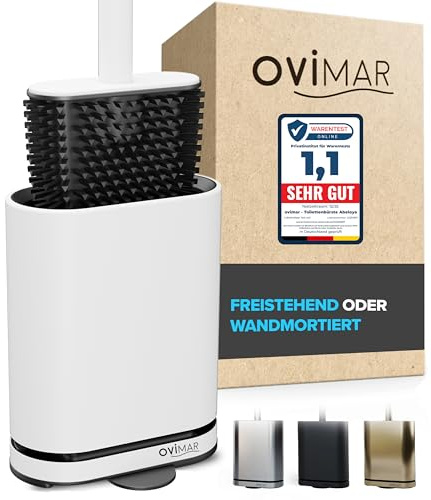 ovimar Toilettenbürste Oppdal | Weiß | Silikon Klobürste | WC Bürste mit Belüftung | Edelstahl | abnehmbare Tropfschale | nur 6cm breit| stehend oder Wandbefestigung im Badezimmer