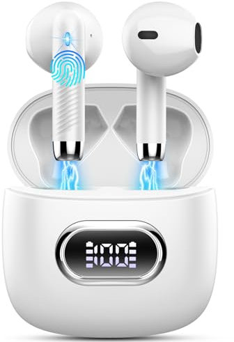 Cuffie Bluetooth 5.4, Auricolari Bluetooth Stereo HiFi con 4 ENC Mic, Cuffie Wireless Ricarica USB-C, Cuffie Senza Fili 42H LED Display, In Ear Cuffiette IP7 Impermeabili per Androide/iOS Bianco