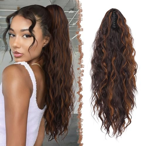FESHFEN Coleta Postiza Pelo Natural con Pinza Cola Postiza Largo Ondulado Rizado Marrón & Auburn Sintética Extensiones Coleta Postizos para Mujeres, 65 cm