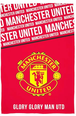 Character World Manchester United fleecefilt | supermjuk vapendesign | rött och vitt djärvt textmönster | varmt supermjukt överkast | perfekt för hem, sovrum, övernattningar och camping