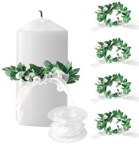 YiJiuBa 4 Stück kommunionkerze tropfschutz 4-5 cm, Künstlicher aus Eukaliptusblättern, Schone Tischdeko, Kerzenringe Kleine Künstliche Kränze Tropfenfänger für Kerzen, Kerzenringe für Stabkerzen