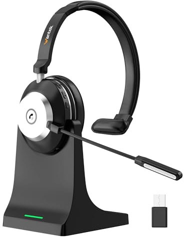 Wantek Wireless Headset Mit Mikrofon (EIN-Ohr) Für Home Office Mit KI-Geräuschunterdrückung Bluetooth Inkl. USB-Dongle & Ladestation Für PC/Smartphone/Call Center/Zoom/Teams