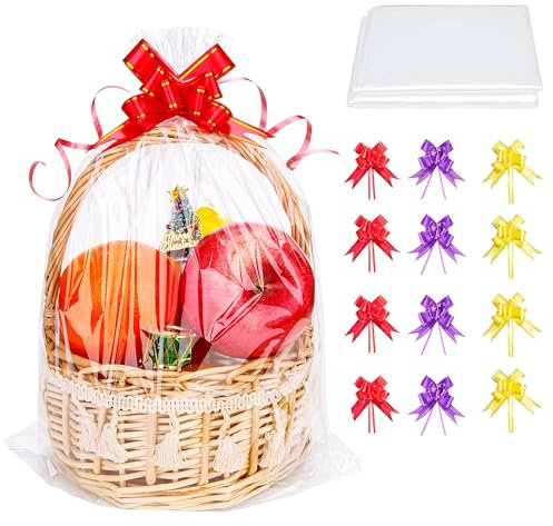 Geschenkfolie Transparent Cellophantüten Groß, 12 Stück extra großes durchsichtiges Geschenkpapier für Präsentkörbe, durchsichtige Plastiktüten mit 12 Schleifen, Zellophantüten für Urlaubsgeschenke
