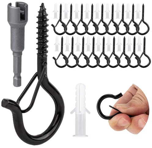 KINGLAKE 30 Pièces Crochets Mural a Visser pour Guirlande Lumineuse de Noël, avec Boucle de Sécurité, Crochet à Visser pour Suspension Murale, Guirlandes Lumineuses, Mangeoires à oOiseaux - Noir