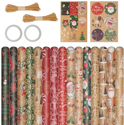 12 Pièces papier Recyclable d'emballage Cadeau,70cm x 50cm Kraft Rouleau, Accessoire +Carte suspenduex1+Autocollantx1+Corde de jutex2 Pour Papier Cadeau Noel,Anniversaire, Fêtes, Mariage et Bébé