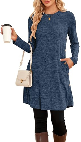 NARRAME Vestidos Tipo Jersey para Mujer de Invierno de Manga Larga con Botones causales y Bolsillos