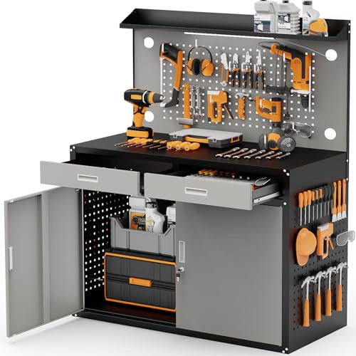 Rumetol 65 Heavy Duty Garage Workbench with Storage Drawers & Pegboard,2000lbs Capacity Metal Work Bench with Lockable Magnetic Cabinets,Adjustable LED Light for Workshop/Garage