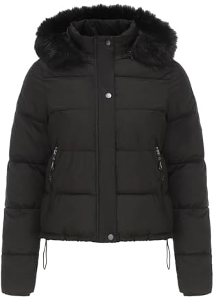 Generisch Chaqueta de plumón corta para mujer, chaqueta acolchada para mujer, con capucha, chaqueta de invierno forrada de invierno, abrigo corto, chaqueta acolchada con capucha de pelo, abrigo de